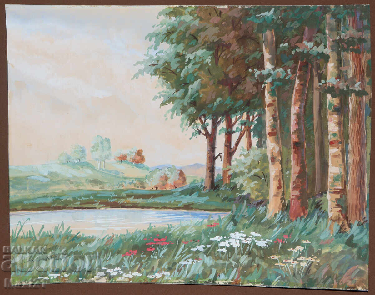 Old gouache painting landscape mountain lake with price 200.00 BGN | € 102.26