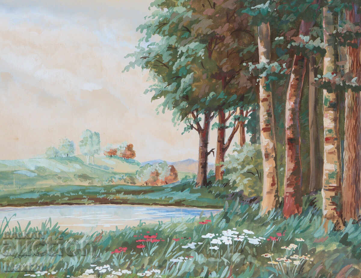 Auction  Old gouache painting landscape mountain lake
