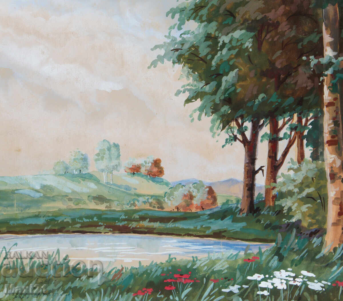 Delivery of Old gouache painting landscape mountain lake