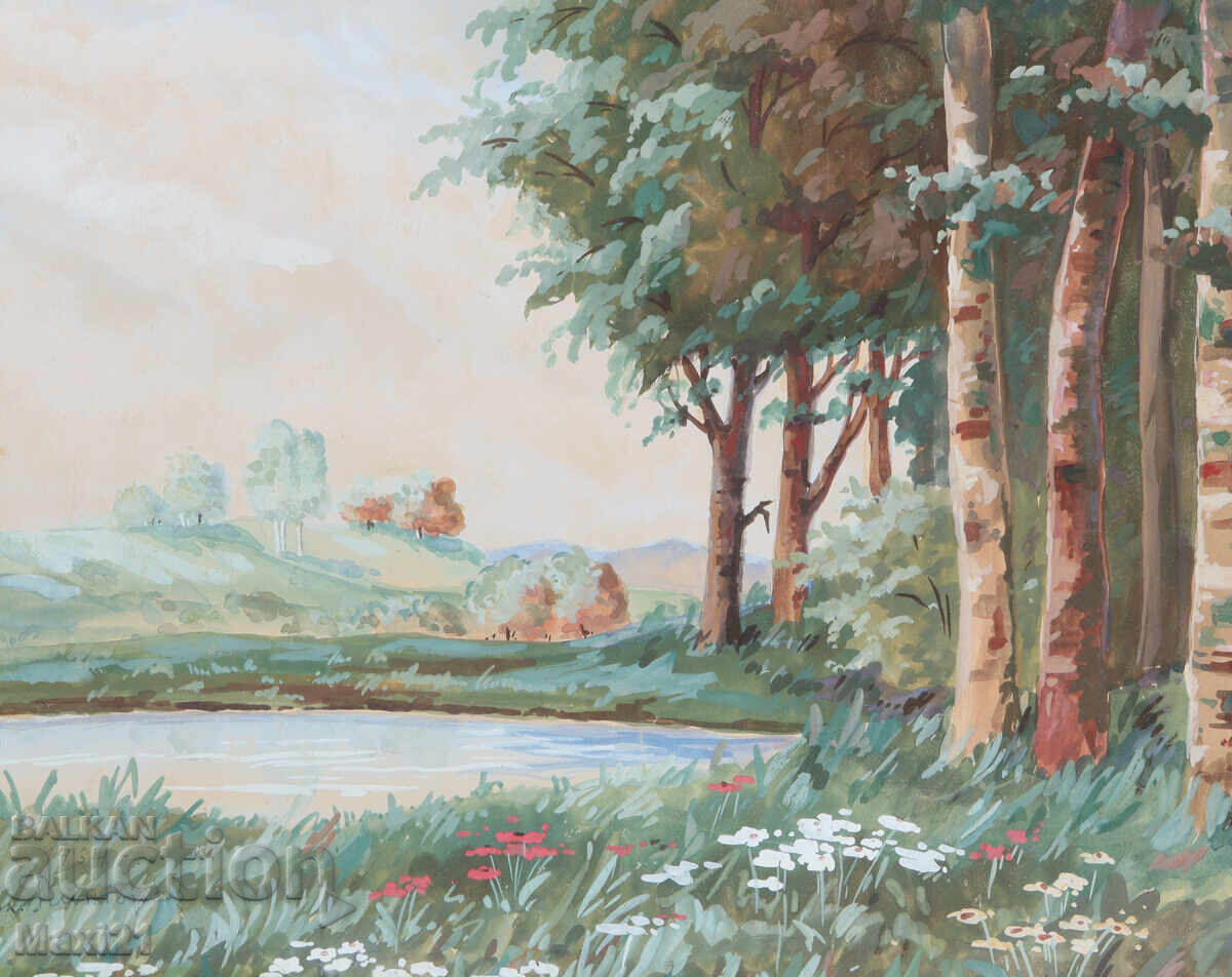 Old gouache painting landscape mountain lake - 6