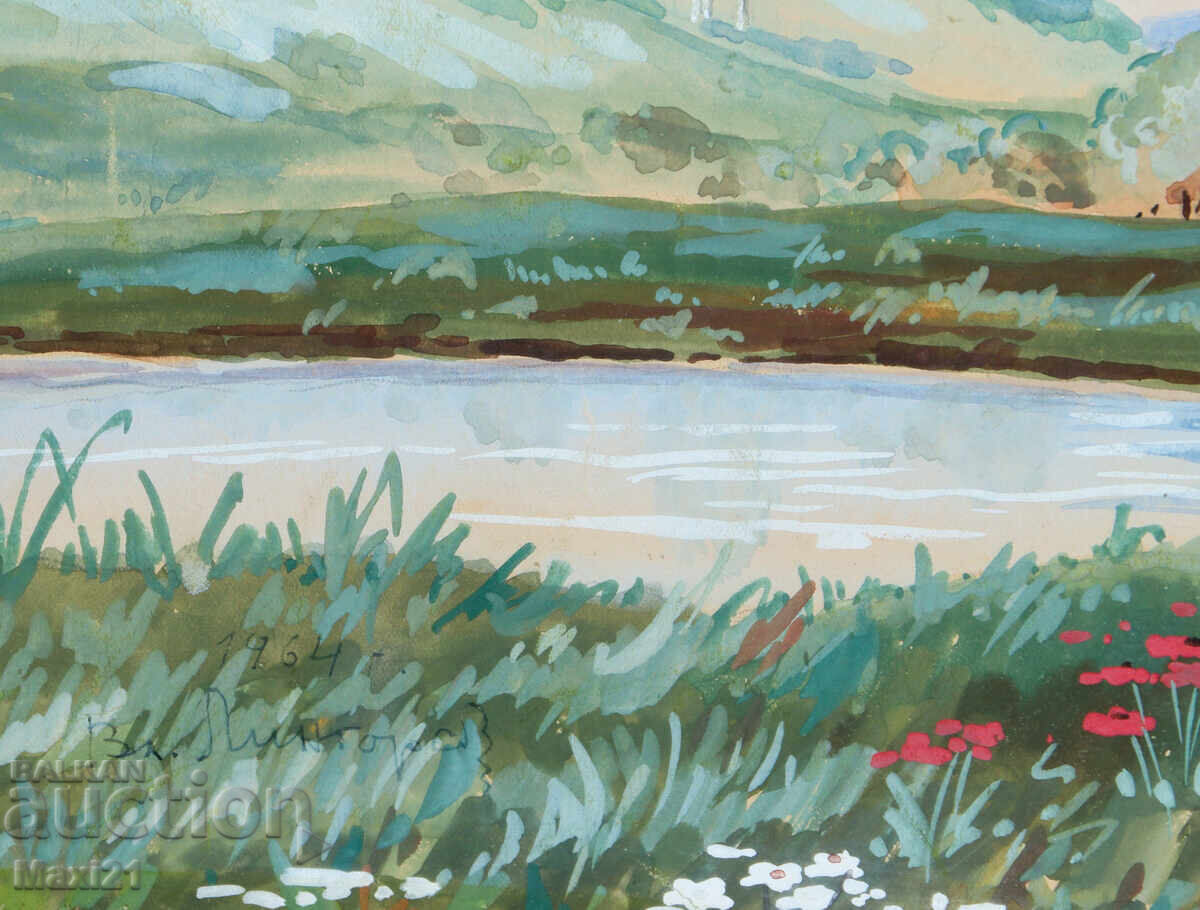 Old gouache painting landscape mountain lake - 7