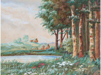 Old gouache painting landscape mountain lake