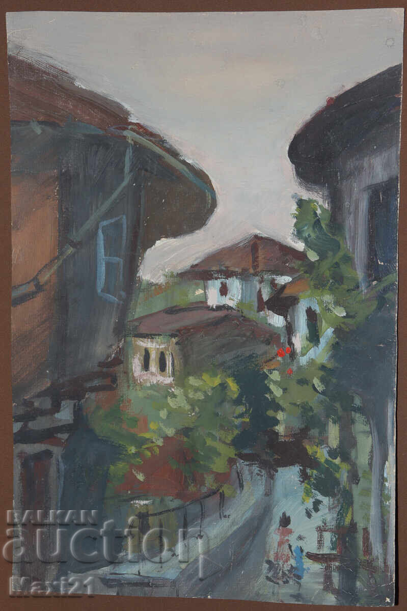 Παλιός πίνακας γκουάς αστικό τοπίο καθημερινής ζωής με τιμή 200.00 BGN | € 102.26