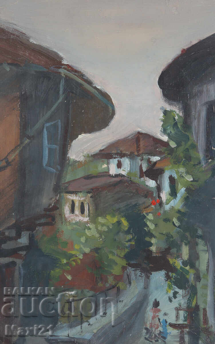 Δημοπρασία Παλιός πίνακας γκουάς αστικό τοπίο καθημερινής ζωής