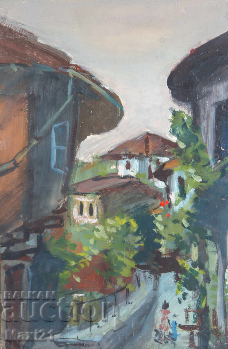 Παλιός πίνακας γκουάς αστικό τοπίο καθημερινής ζωής