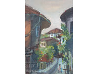 Pictură veche guașă peisaj urban cotidian