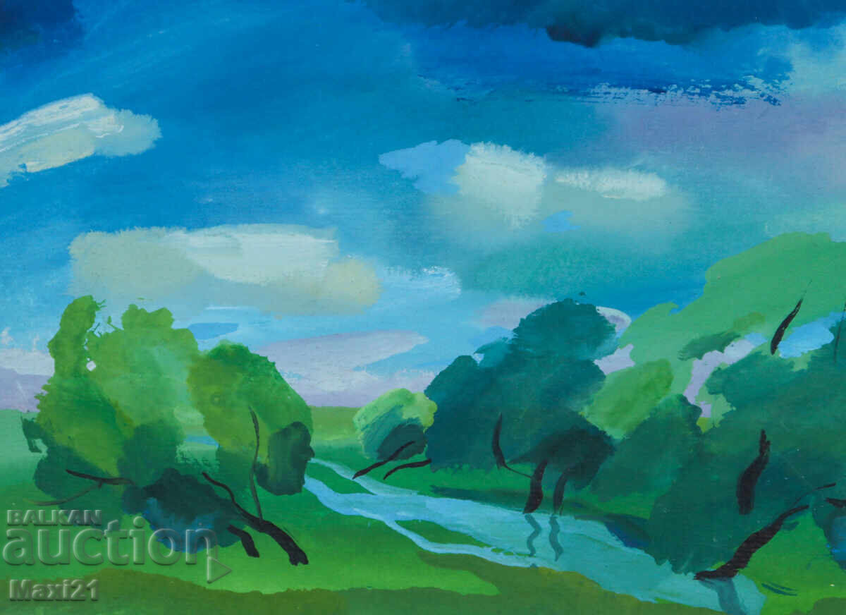 Old gouache painting landscape nature - 5