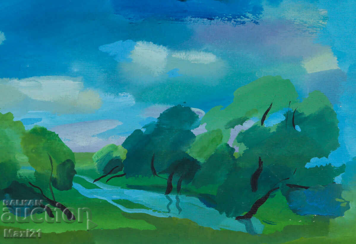 Old gouache painting landscape nature - 6
