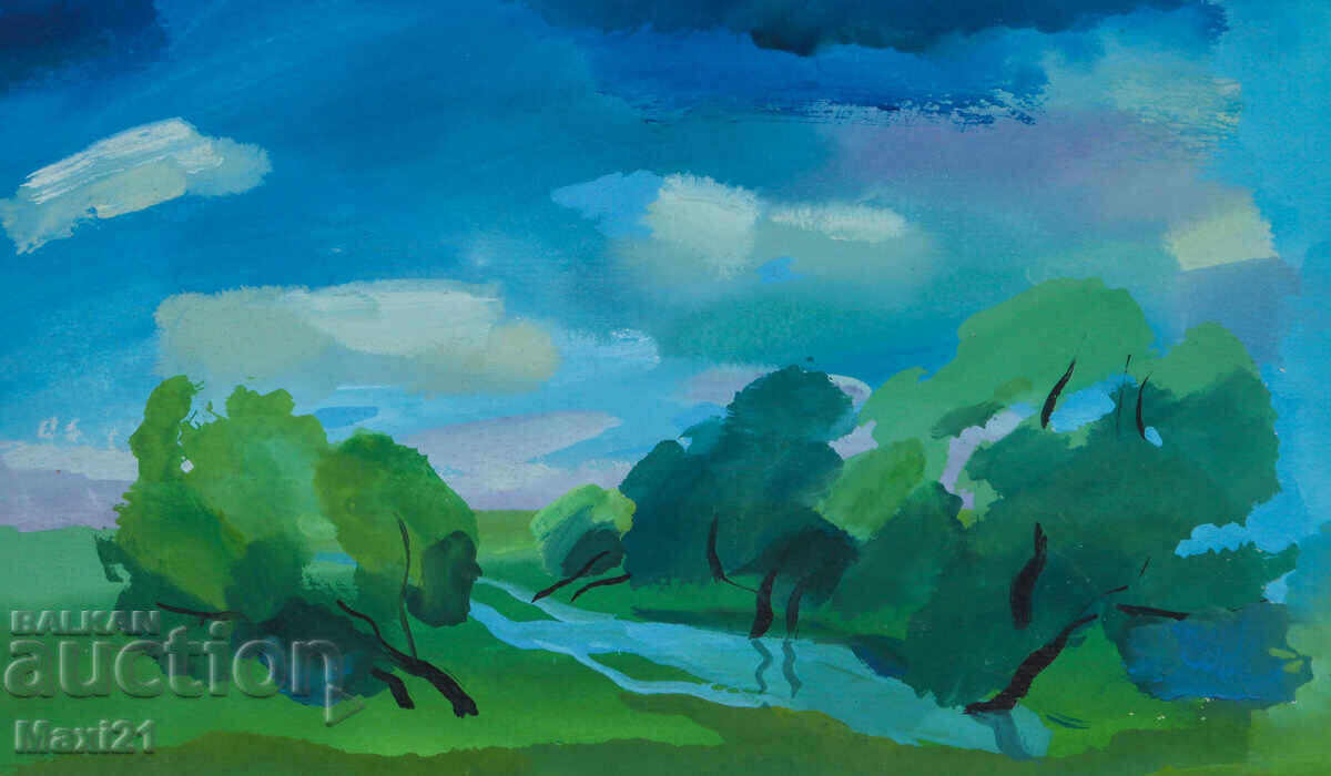 Old gouache painting landscape nature