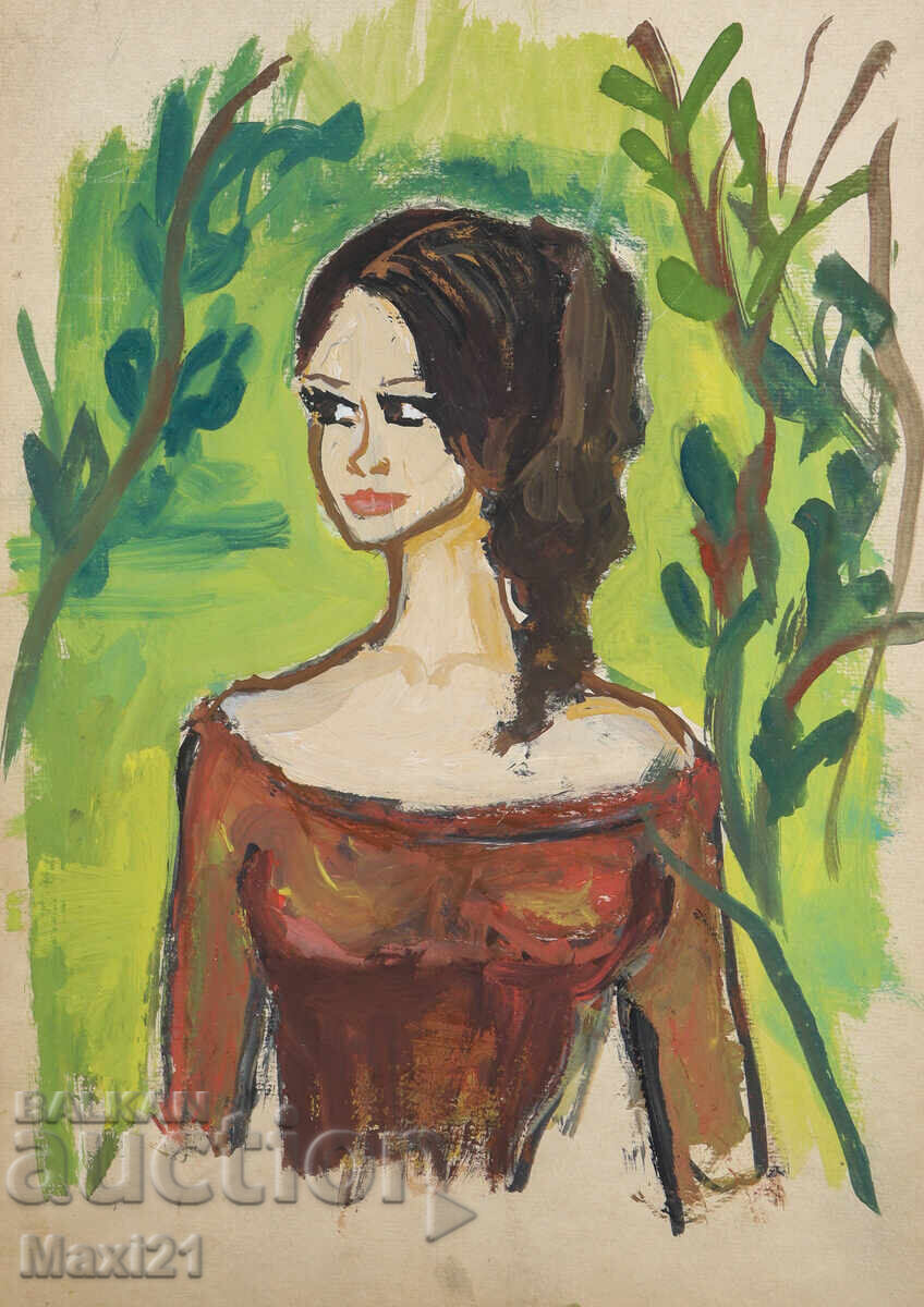 Old gouache painting, female portrait