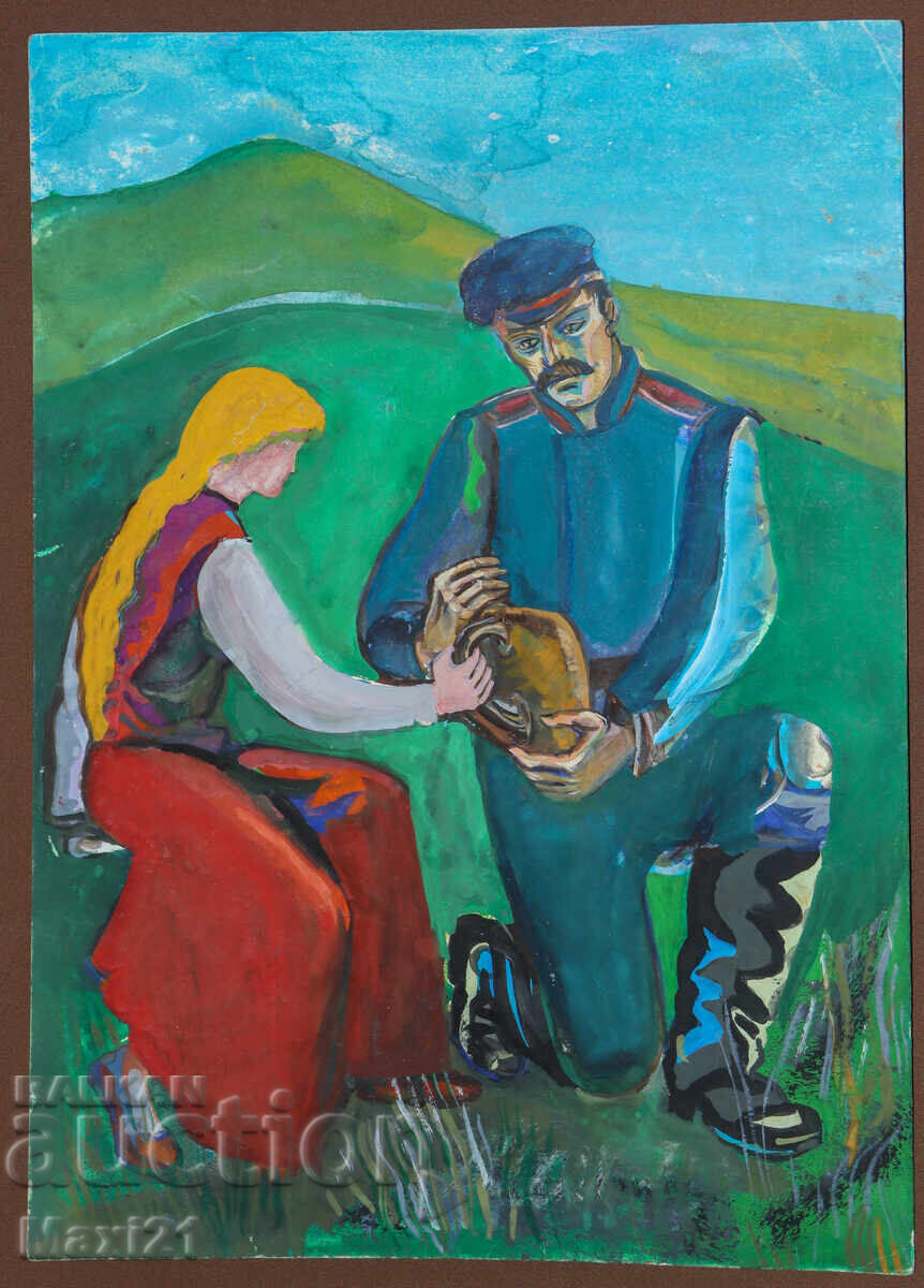 Παλαιό εικαστικό έργο γκουάς, σκηνή καθημερινής ζωής με τιμή 200.00 BGN | € 102.26