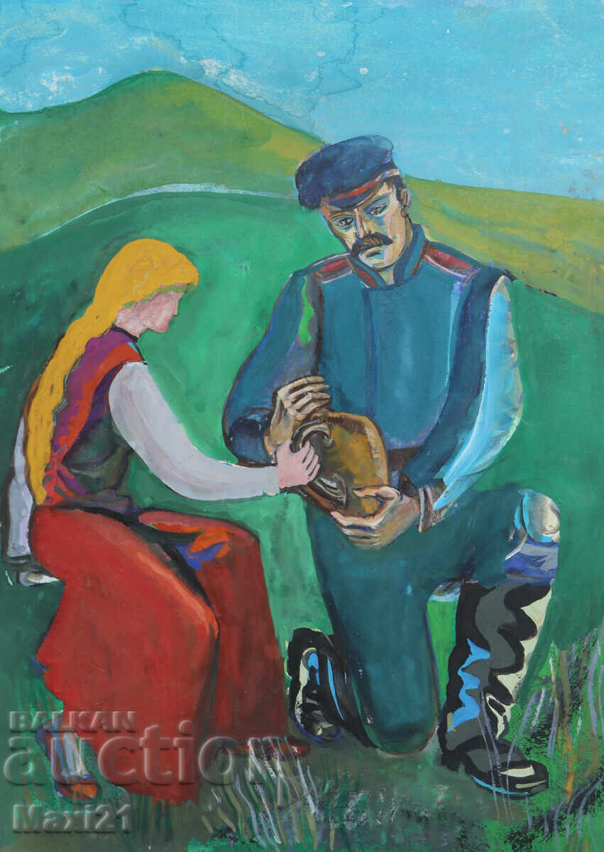 Δημοπρασία Παλαιό εικαστικό έργο γκουάς, σκηνή καθημερινής ζωής