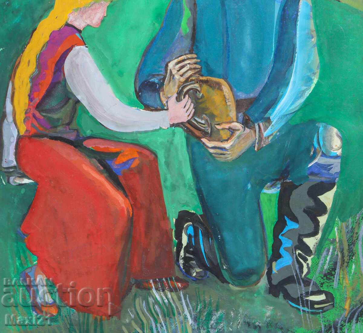 Παλαιό εικαστικό έργο γκουάς, σκηνή καθημερινής ζωής - 5