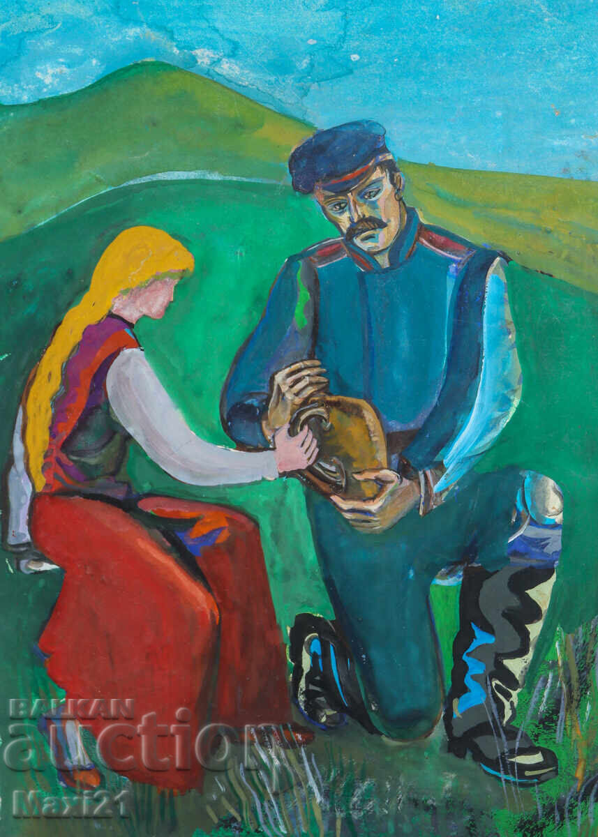 Παλαιό εικαστικό έργο γκουάς, σκηνή καθημερινής ζωής