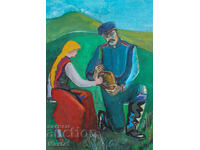 Παλαιό εικαστικό έργο γκουάς, σκηνή καθημερινής ζωής