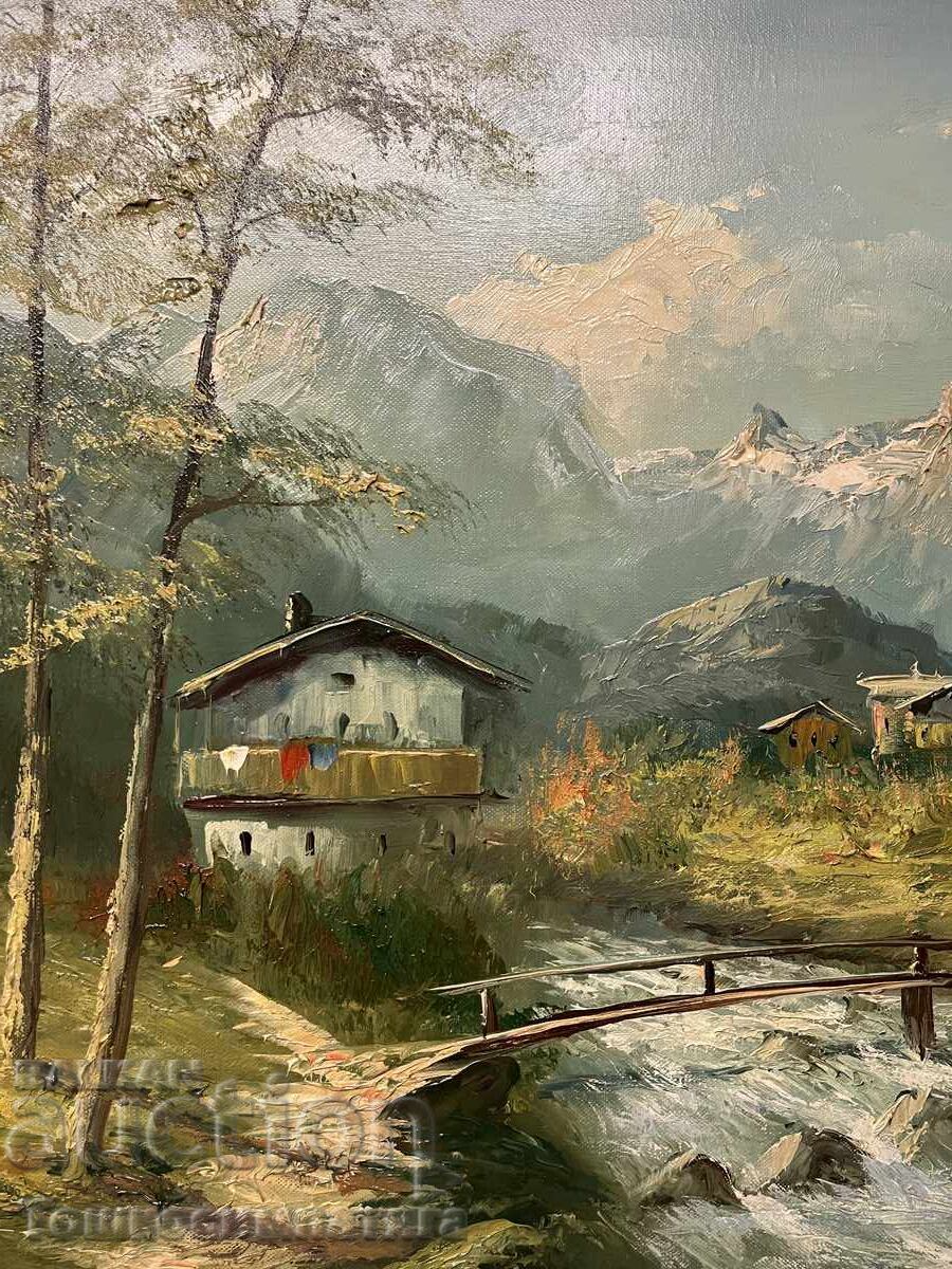 Δημοπρασία Όμορφο, ορεινό τοπίο σε καμβά με ελαιοχρώματα