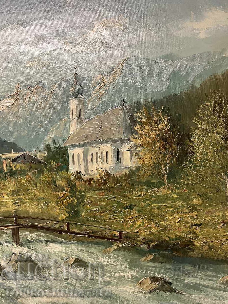 Παράδοση Όμορφο, ορεινό τοπίο σε καμβά με ελαιοχρώματα