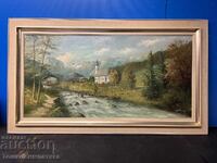 Peisaj montan frumos, pictat pe pânză cu vopsele de ulei