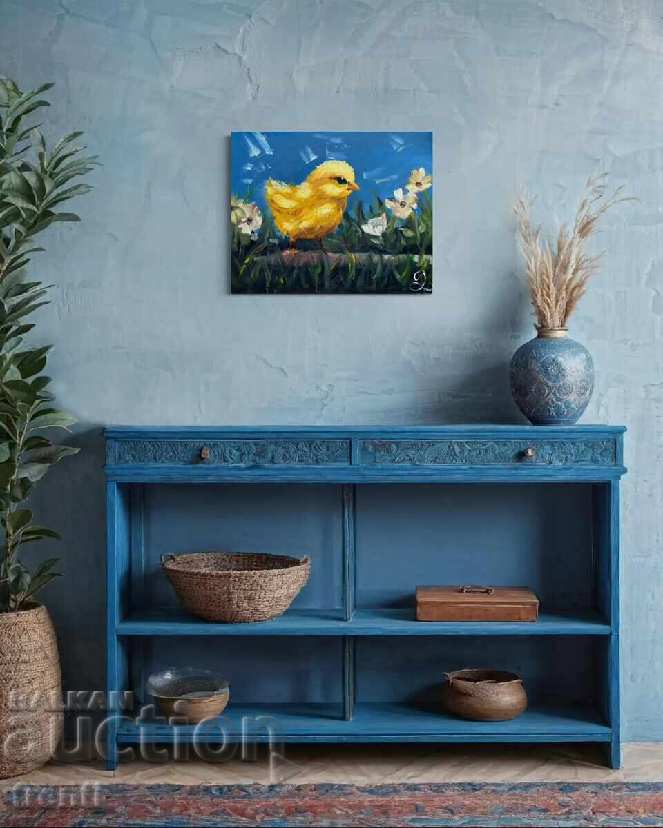 Oil painting with yellow chicken with price 310.00 BGN | € 158.50