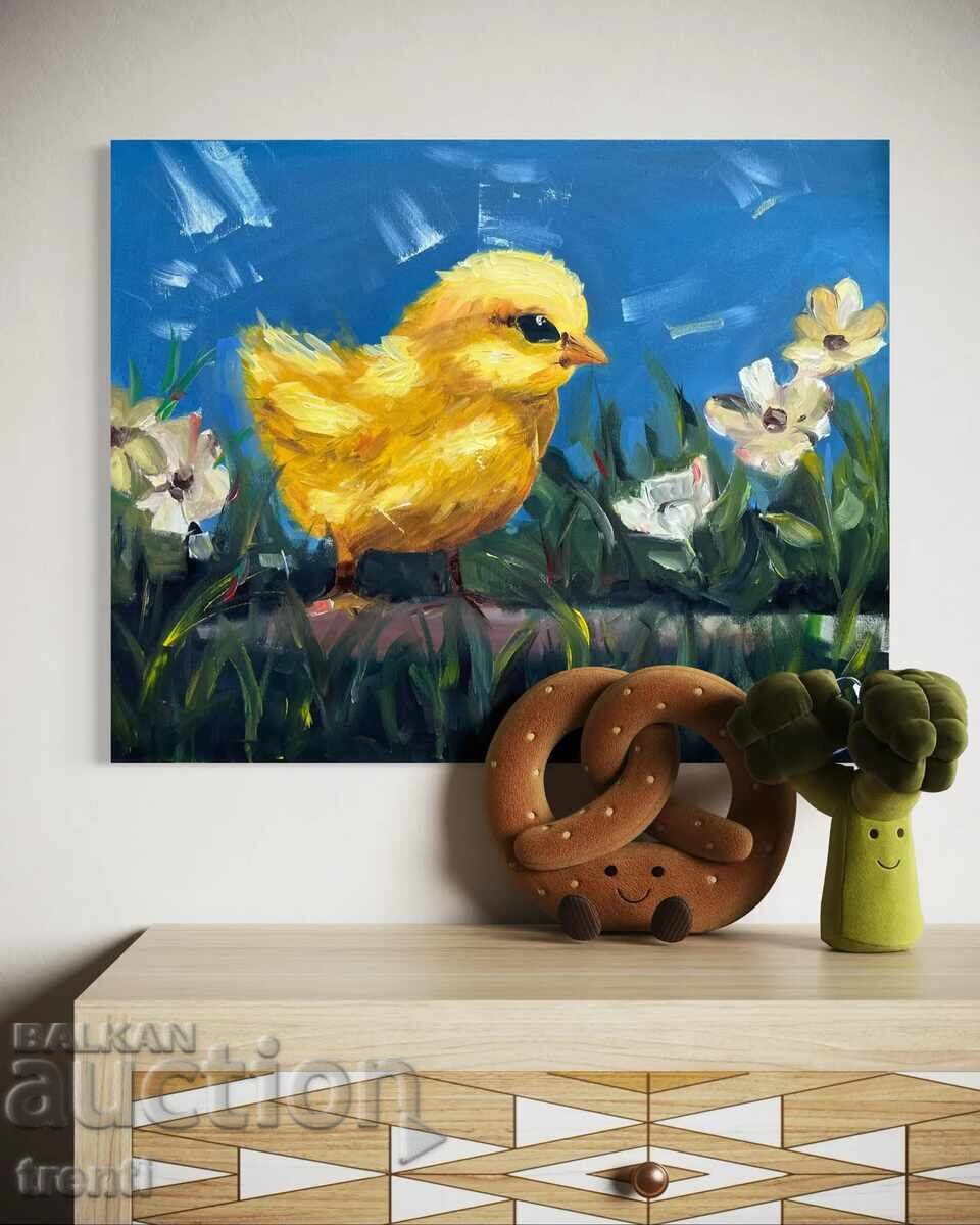 Oil painting with yellow chicken - 5