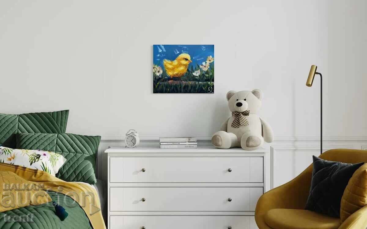 Oil painting with yellow chicken - 7