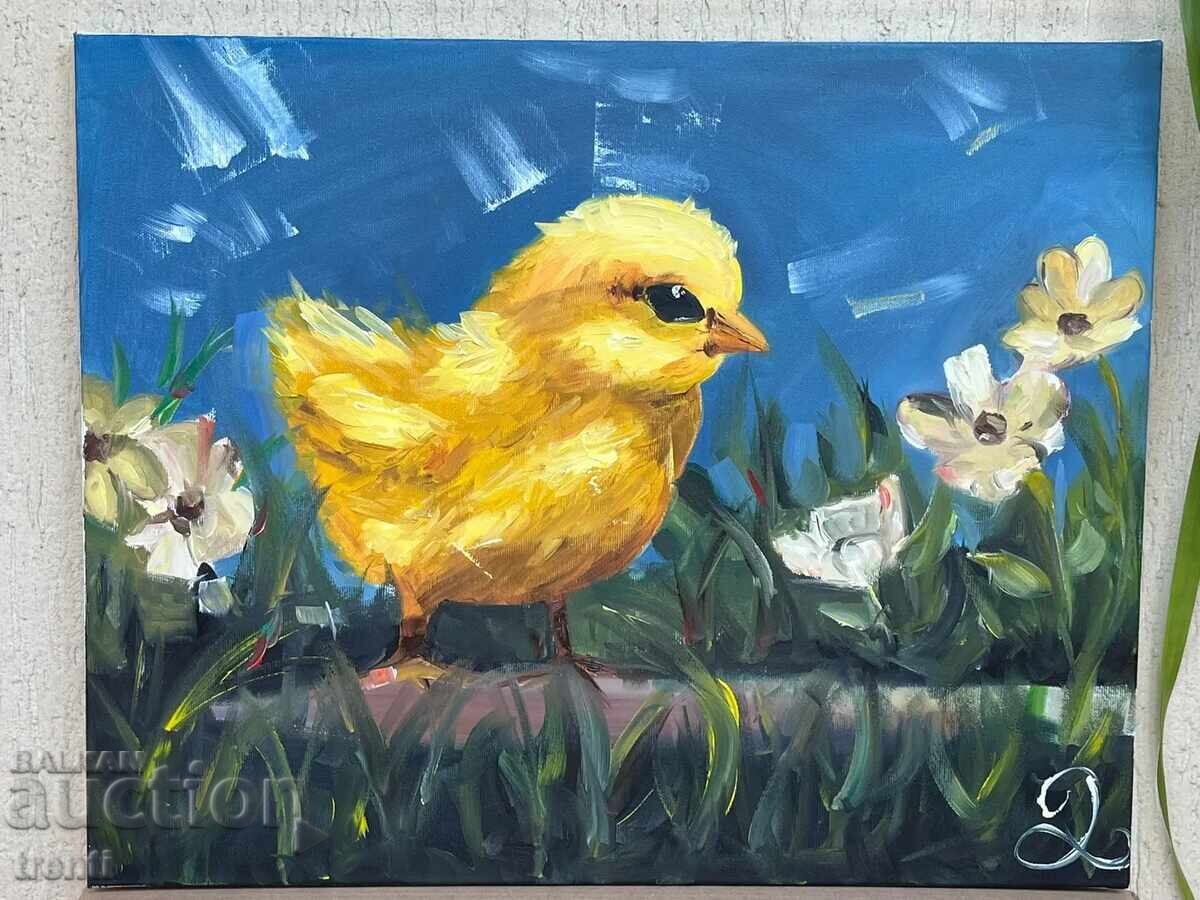 Oil painting with yellow chicken