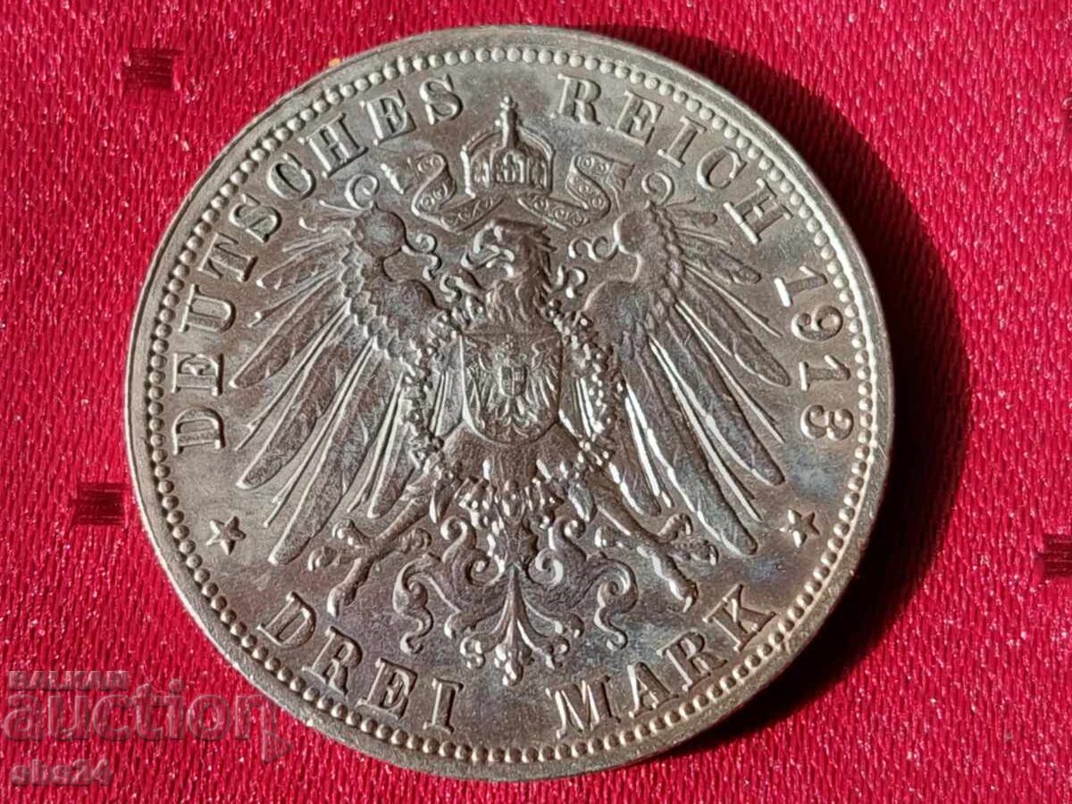 Γερμανία, Σαξονία 3 μάρκα 1913 μ.Χ με τιμή 150.00 BGN | € 76.69