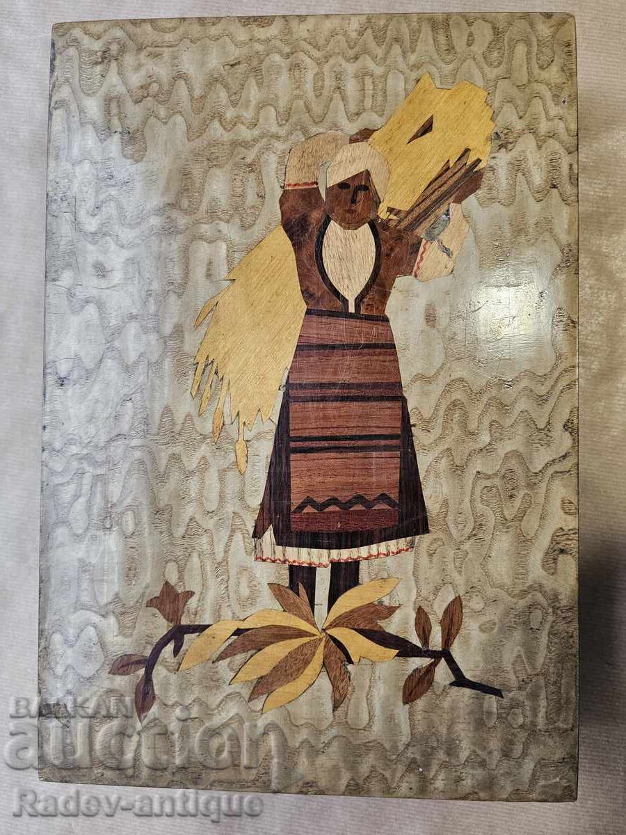 Old Bulgarian wooden box with a reaper from the 1930s Old Bulgarian wooden box with a reaper from the 1930s