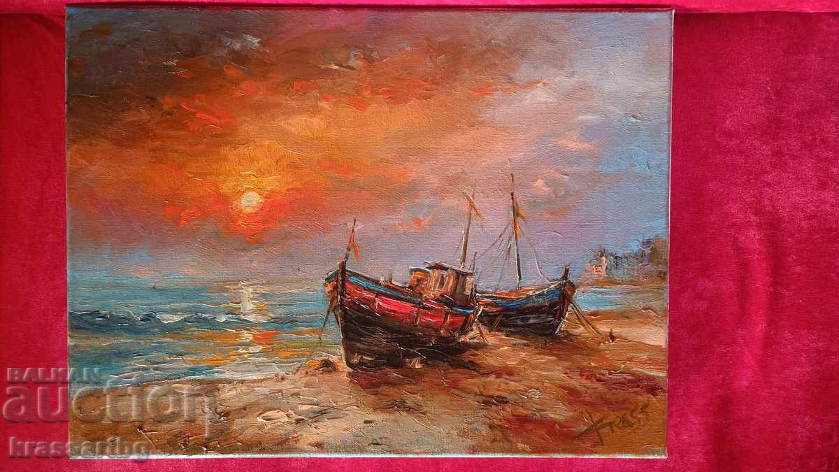 Παλιός θαλασσινός πίνακας - Ηλιοβασίλεμα στη θάλασσα (oil art krassart)