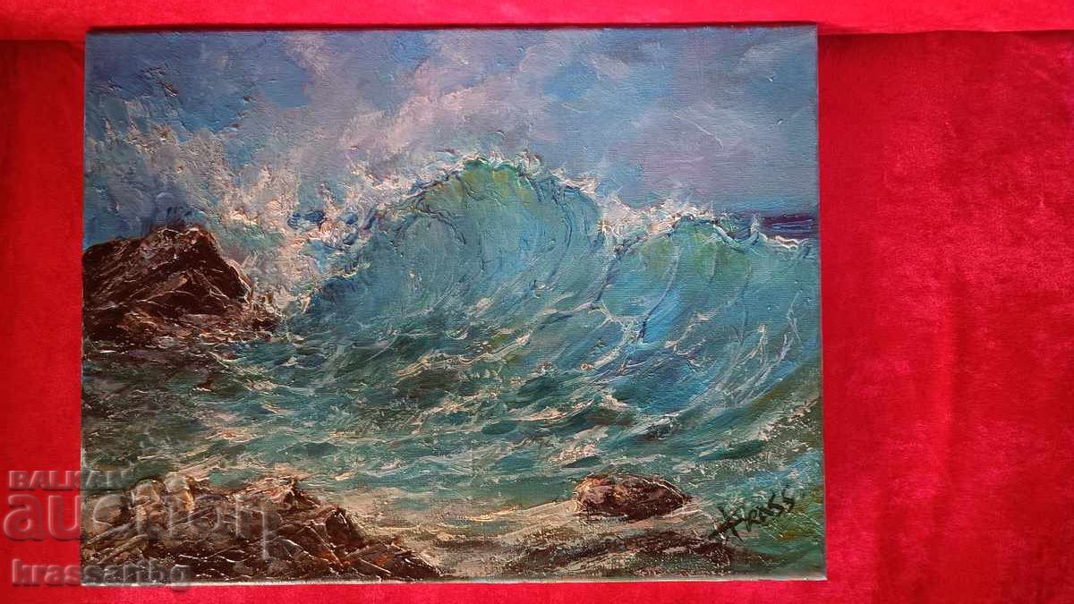 Old sea painting - Sea wave after (oil art krassart)