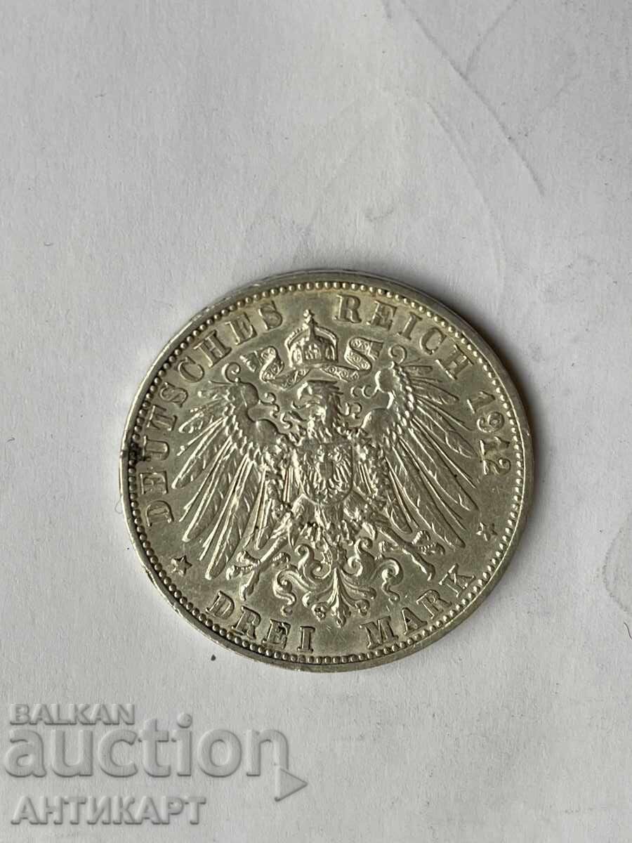 Germania monedă rară de argint 3 mărci 1912 Baden argint cu preț 56.00 BGN | € 28.63