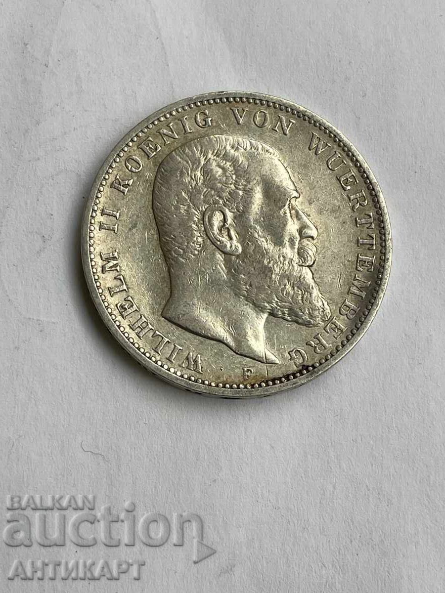 Row of silver coin 3 marks 1909 Germany Württemberg Row of silver coin 3 marks 1909 Germany Württemberg