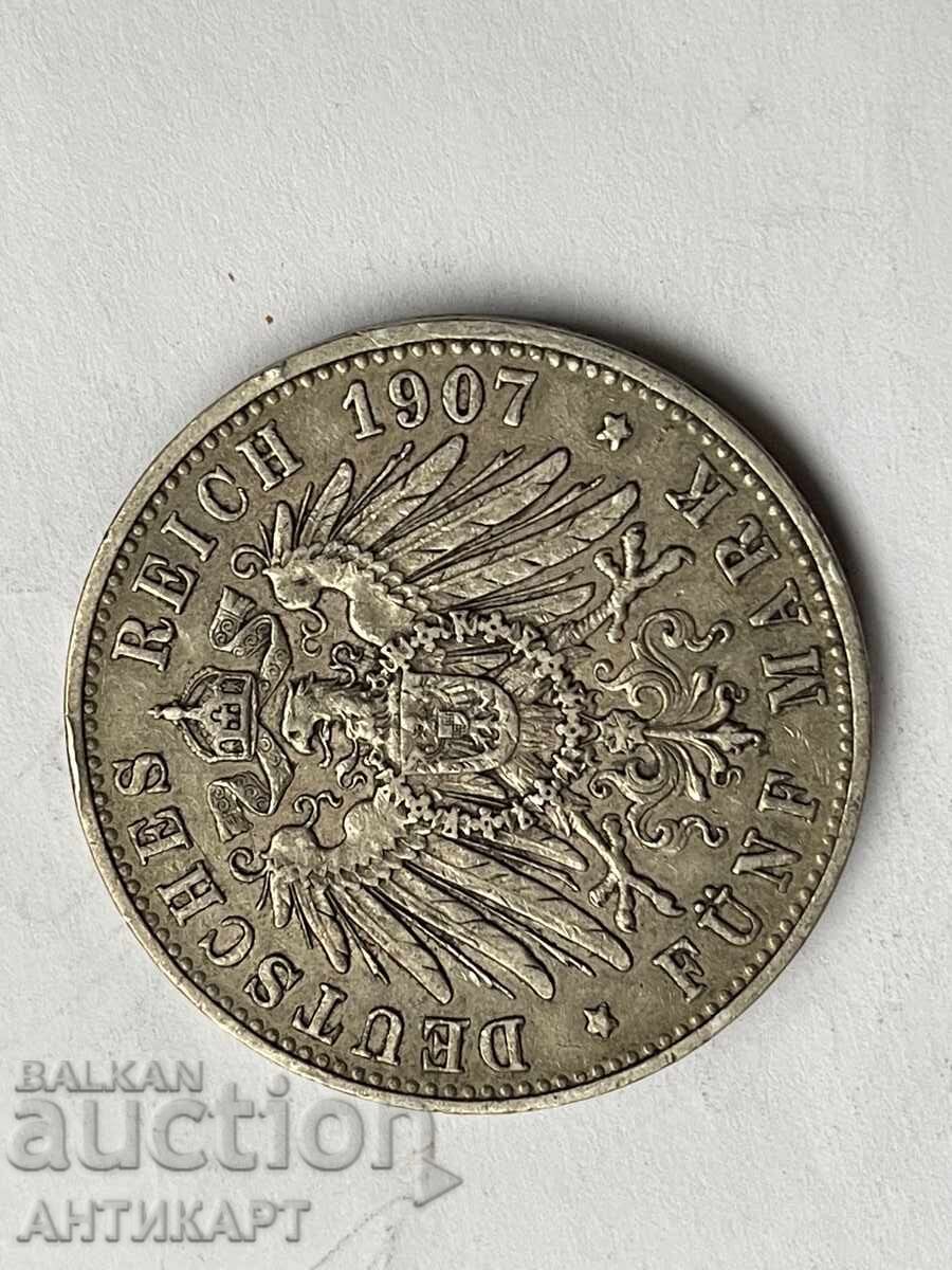 Auction Germany Silver Coin 5 Marks 1907 Württemberg Silver Auction Germany Silver Coin 5 Marks 1907 Württemberg Silver
