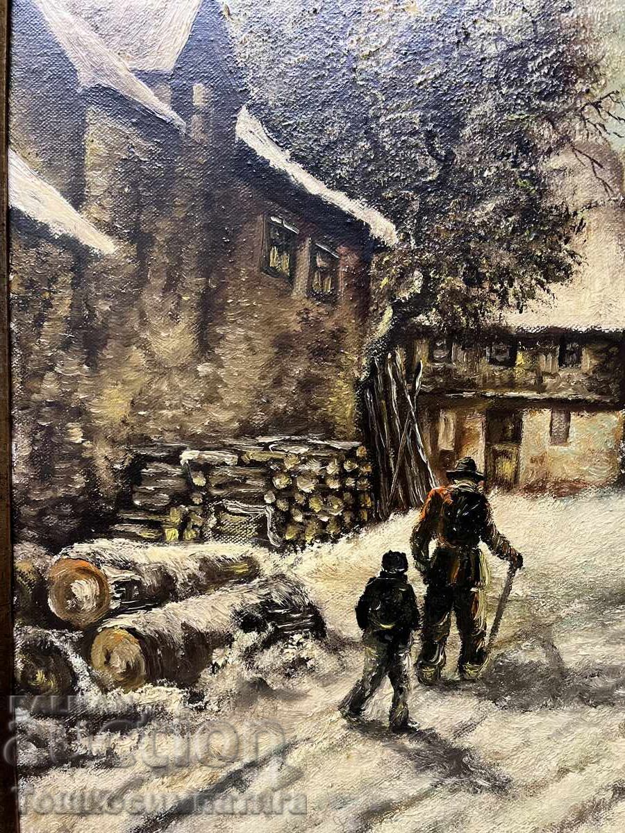 Licitație Tablou frumos de iarnă pe pânză cu vopsele de ulei