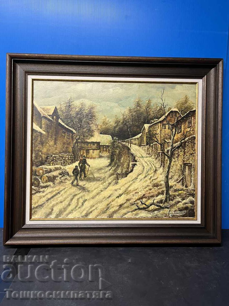 Tablou frumos de iarnă pe pânză cu vopsele de ulei