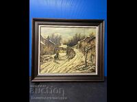 Tablou frumos de iarnă pe pânză cu vopsele de ulei