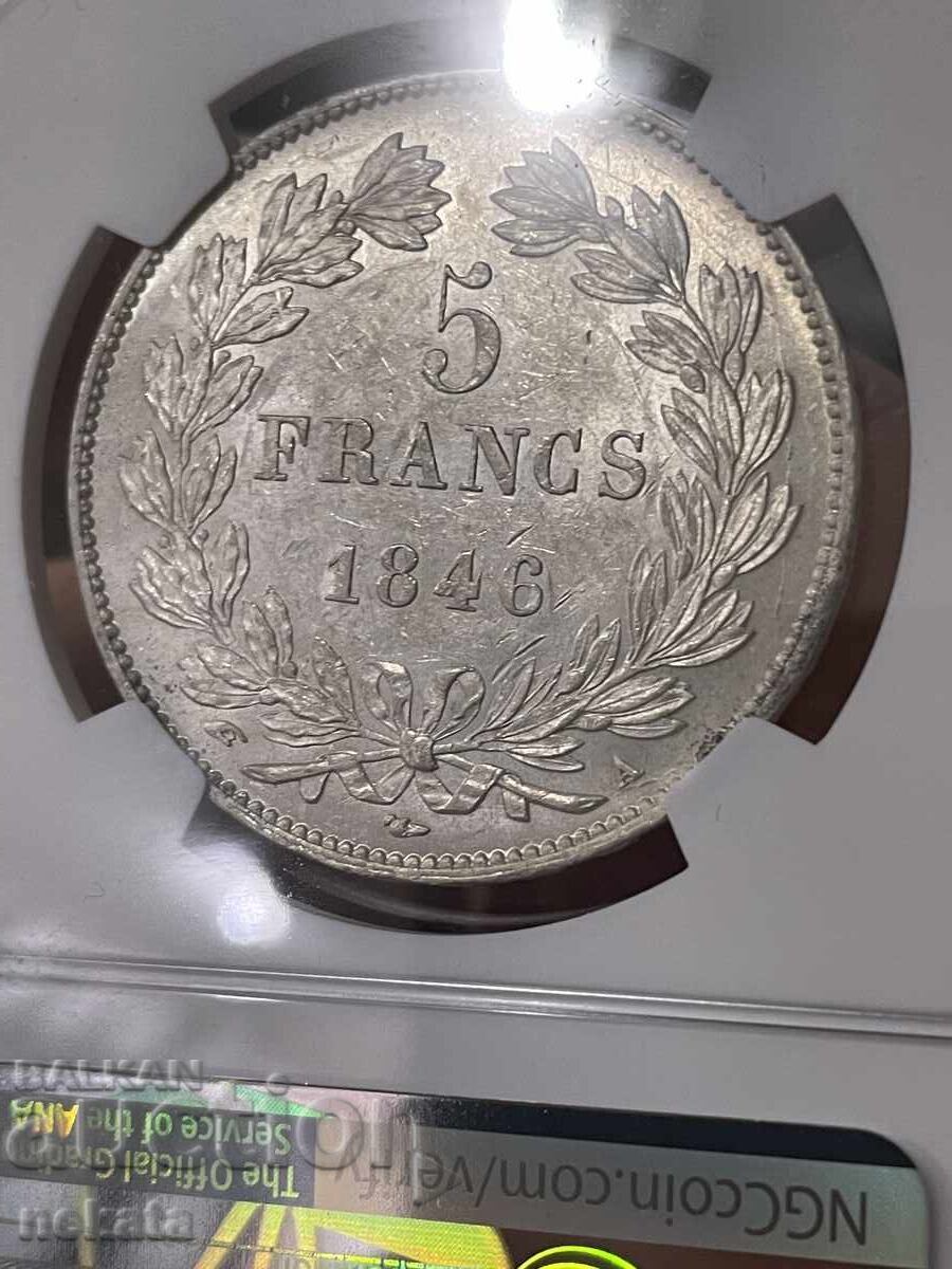 Licitație Franța, 5 franci 1846 A (monetăria: Paris), MS62 NGC Licitație Franța, 5 franci 1846 A (monetăria: Paris), MS62 NGC