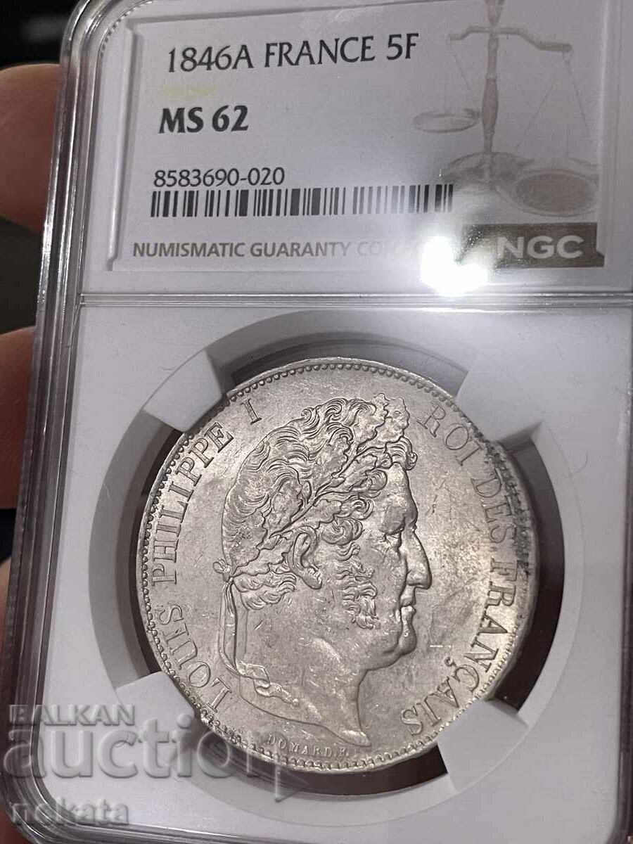 Franța, 5 franci 1846 A (monetăria: Paris), MS62 NGC Franța, 5 franci 1846 A (monetăria: Paris), MS62 NGC
