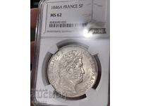 Franța, 5 franci 1846 A (monetăria: Paris), MS62 NGC