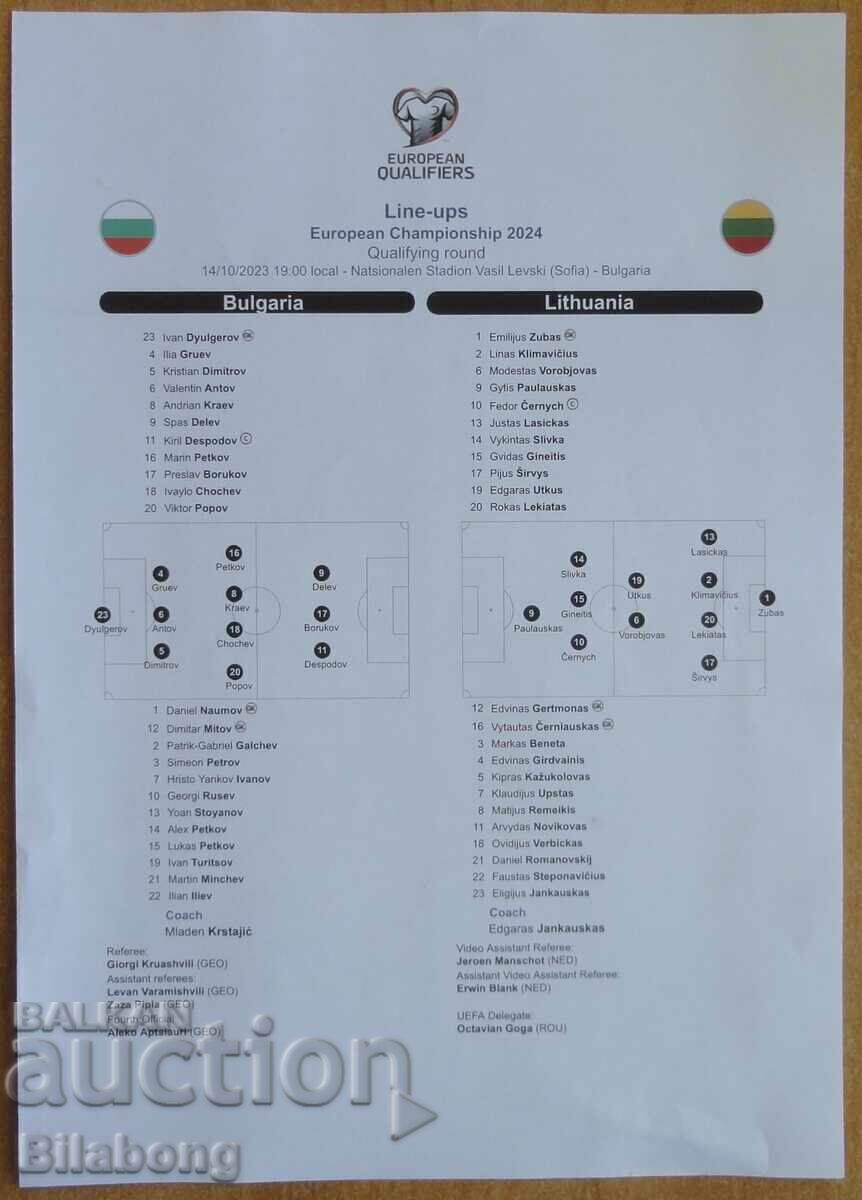 Listă de echipă de fotbal Bulgaria-Lituania, Sofia - 2023