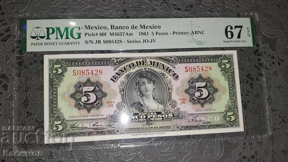 Bancnotă certificată din Mexic 5 Pesos 1961 PMG 67 EPQ
