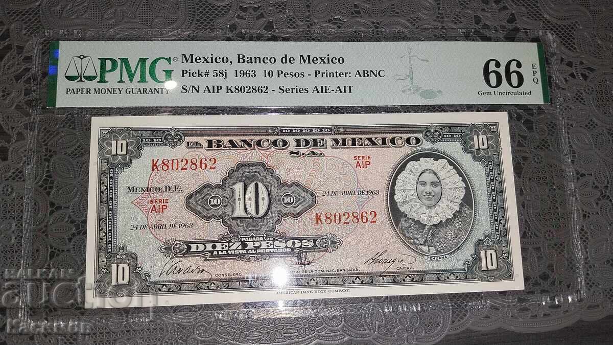 Certified Mexican Banknote 10 Pesos 1963 PMG 66 EPQ