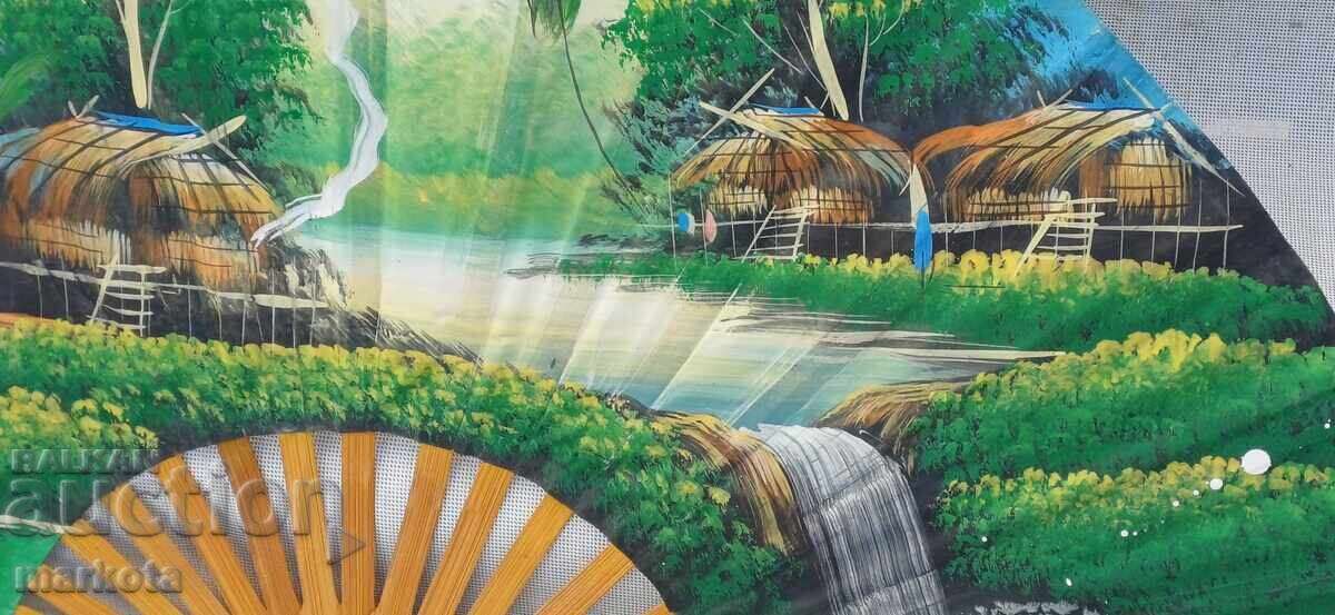 Licitație Mare evantai vechi pictat manual pentru perete, ulei pe pânză Licitație Mare evantai vechi pictat manual pentru perete, ulei pe pânză