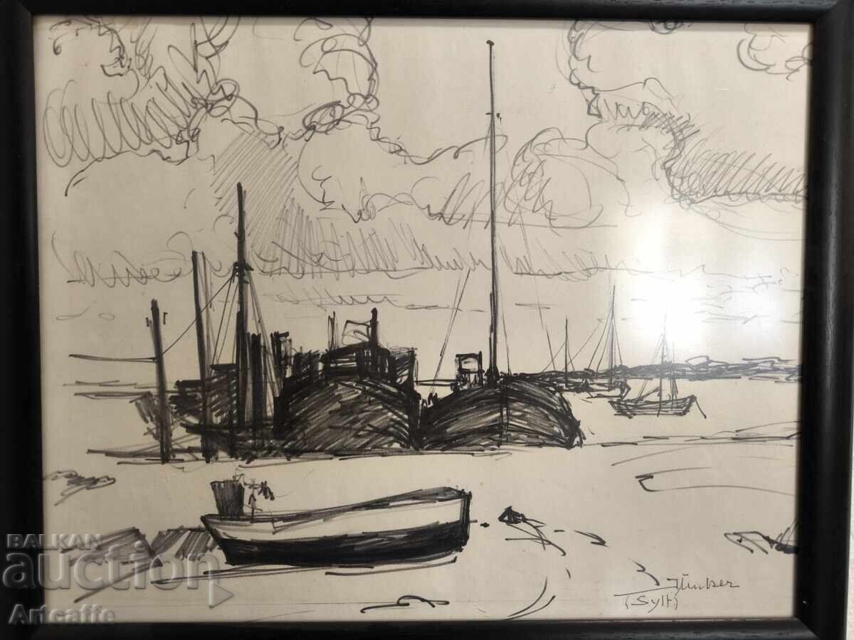 Pencil drawing - signed, Boats with price 60.00 BGN | € 30.68