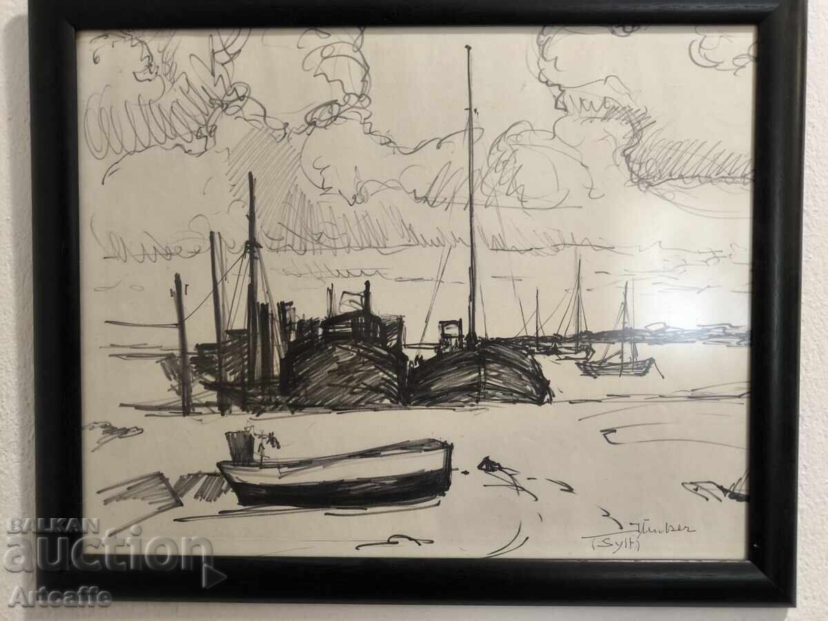 Pencil drawing - signed, Boats - 6