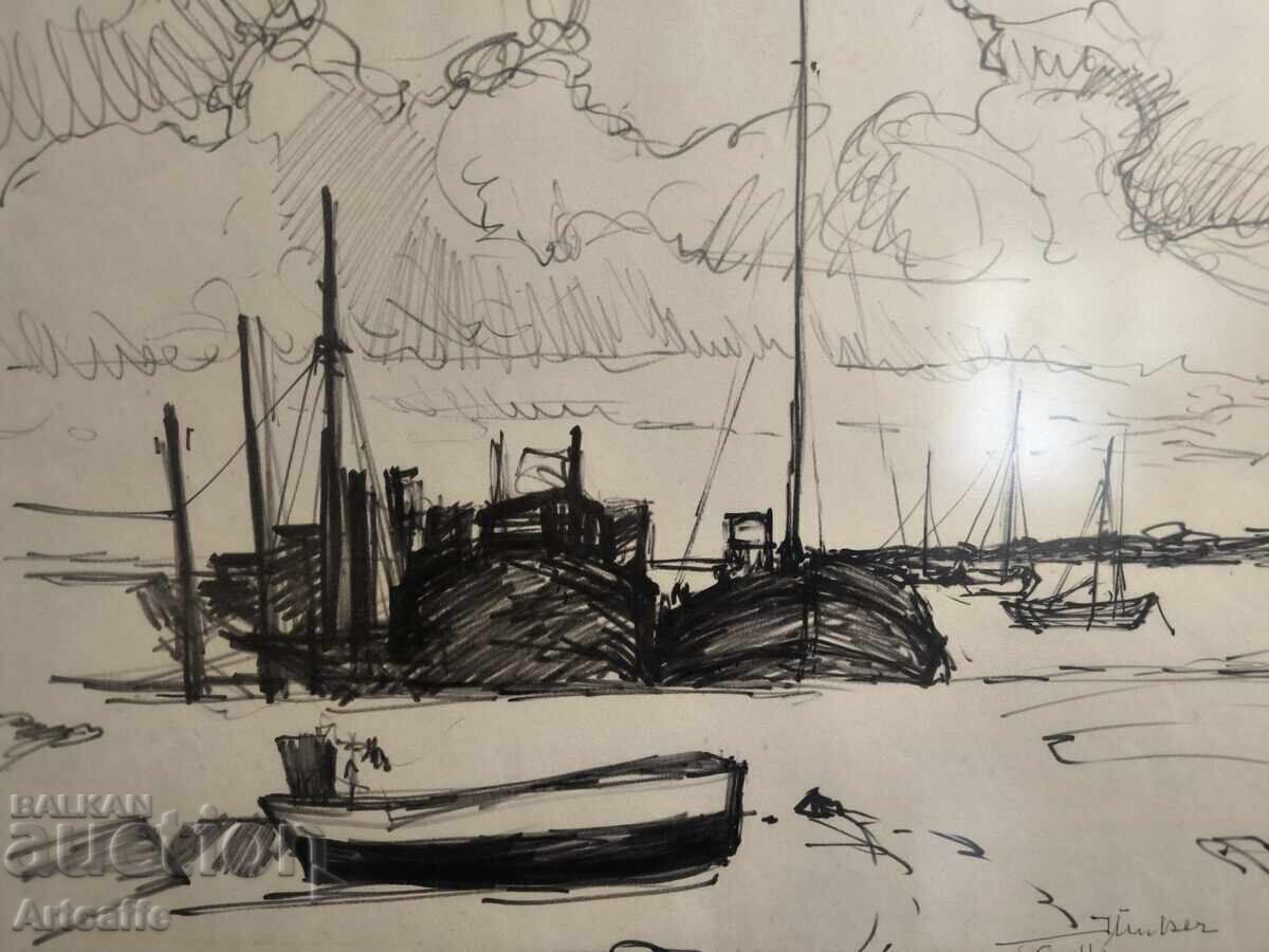 Pencil drawing - signed, Boats - 7 Pencil drawing - signed, Boats - 7
