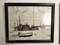 Pencil drawing - signed, Boats