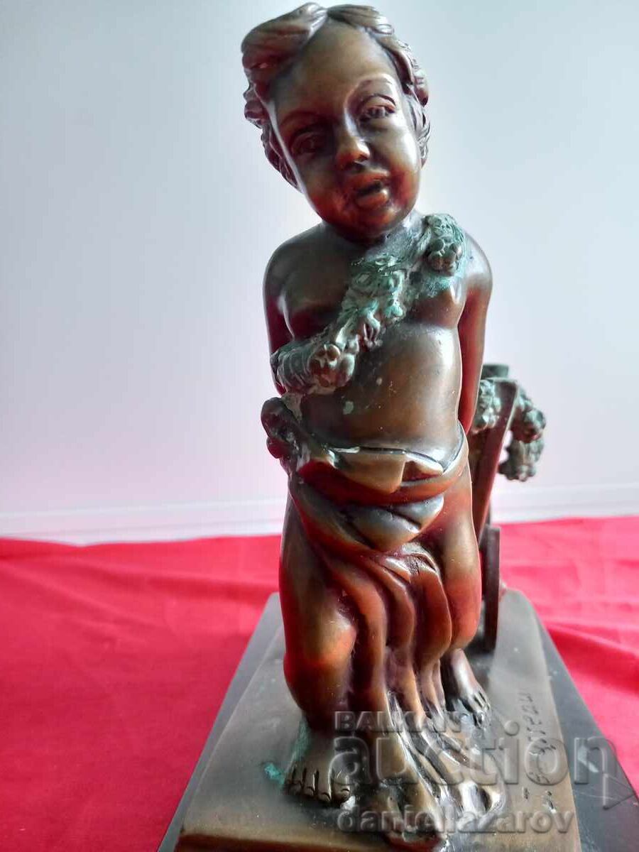 Licitație Jacques Bousseau Statuetă Veche de Bronz Heruvim cu Cărucior
