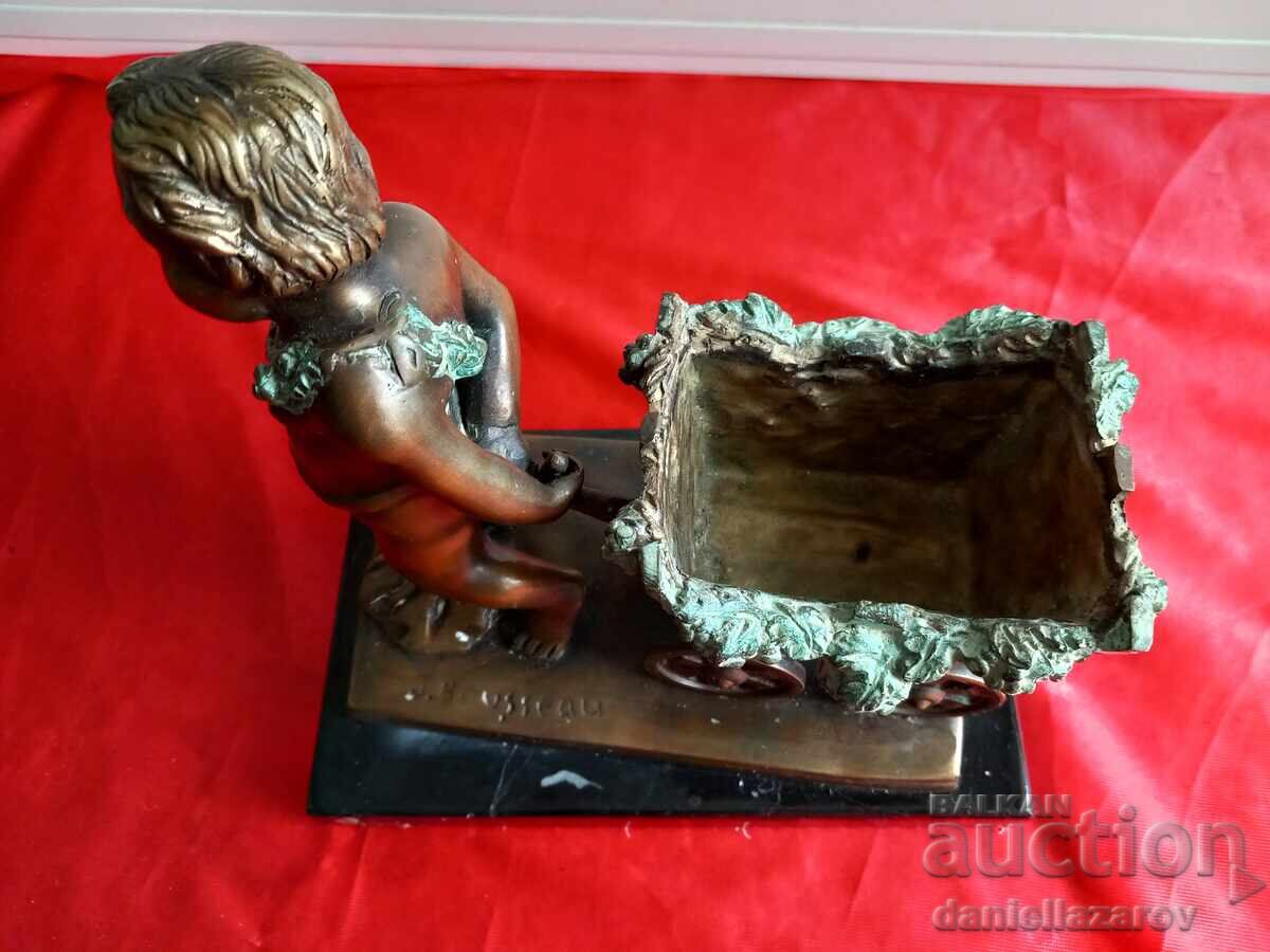 Zhak Μπουσώ Παλαιό Χάλκινο Αγαλματάκι Χερουβείμ με Αμαξάκι - 5