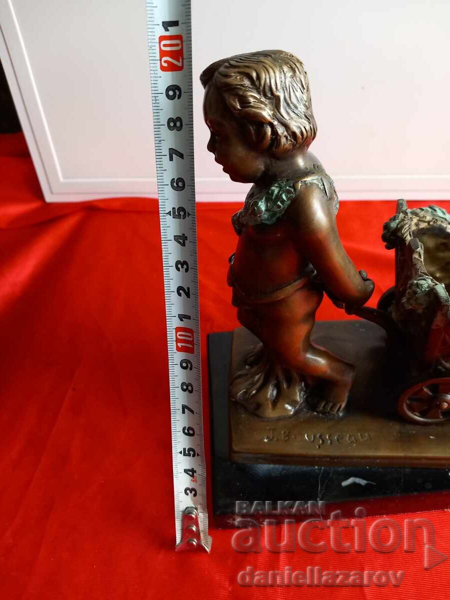 Zhak Μπουσώ Παλαιό Χάλκινο Αγαλματάκι Χερουβείμ με Αμαξάκι - 7